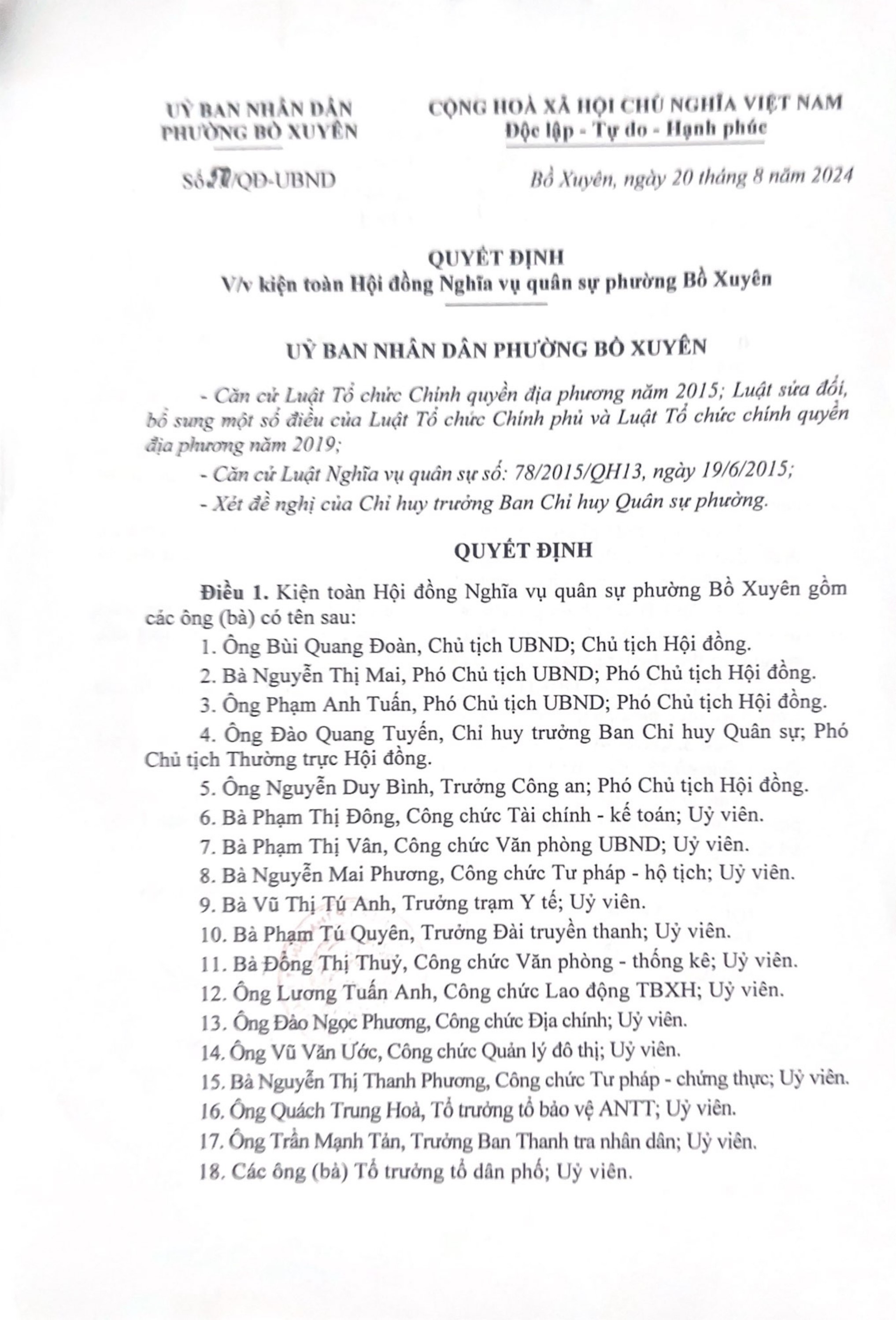 Quyết định kiện toàn Hội đồng NVQS
