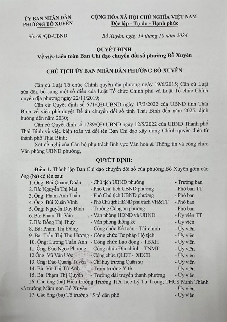 Quyết định kiện toàn BCĐ chuyển đổi số